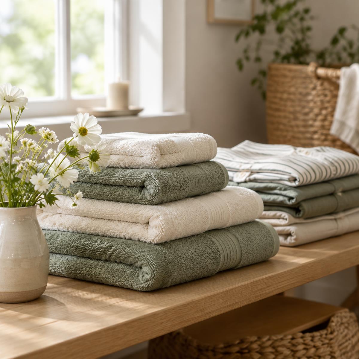 Freshly folded linen towels and flowers in a cared-for home
