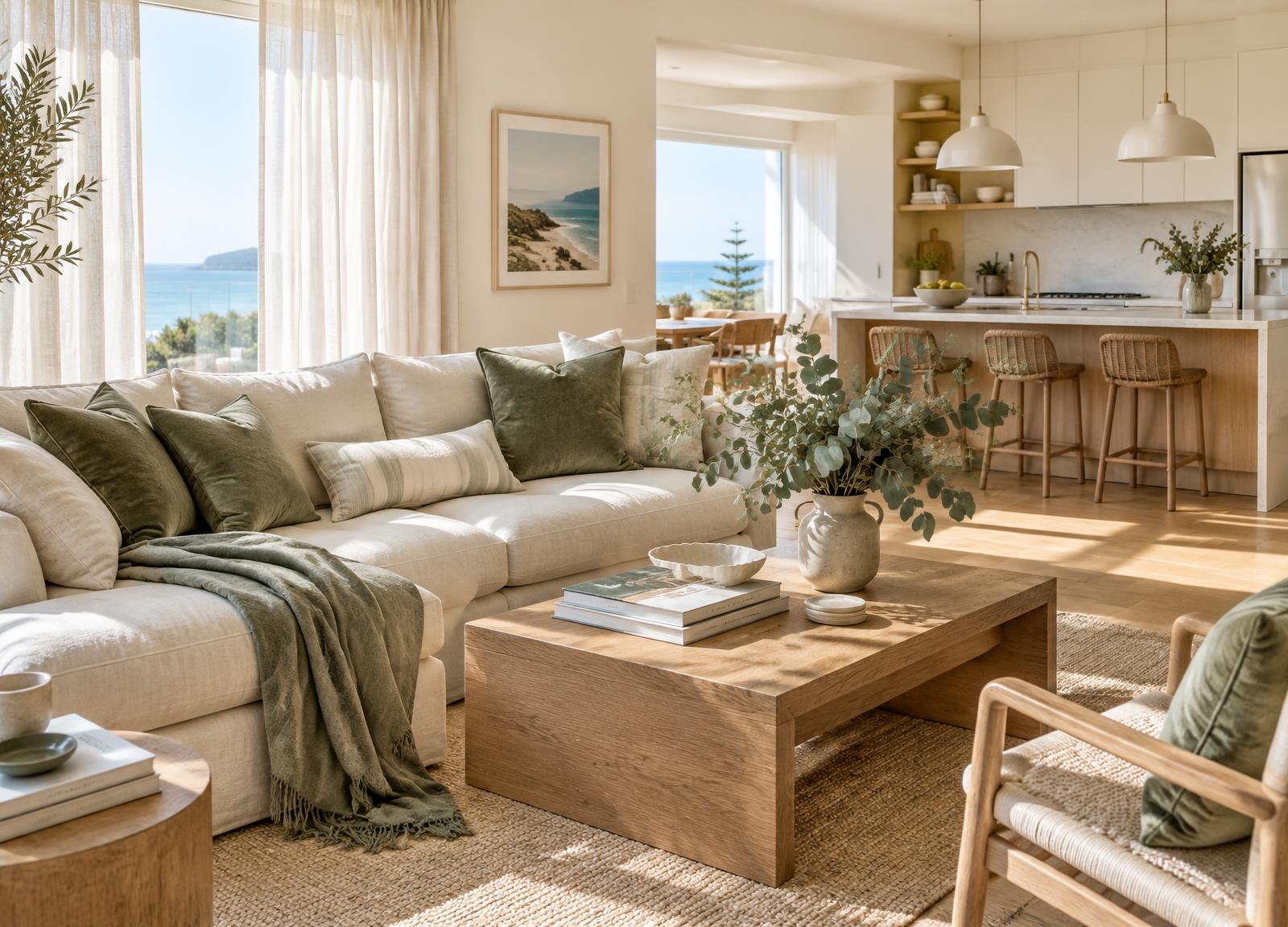 A bright, refreshed coastal living room with cream sofas and sage cushions